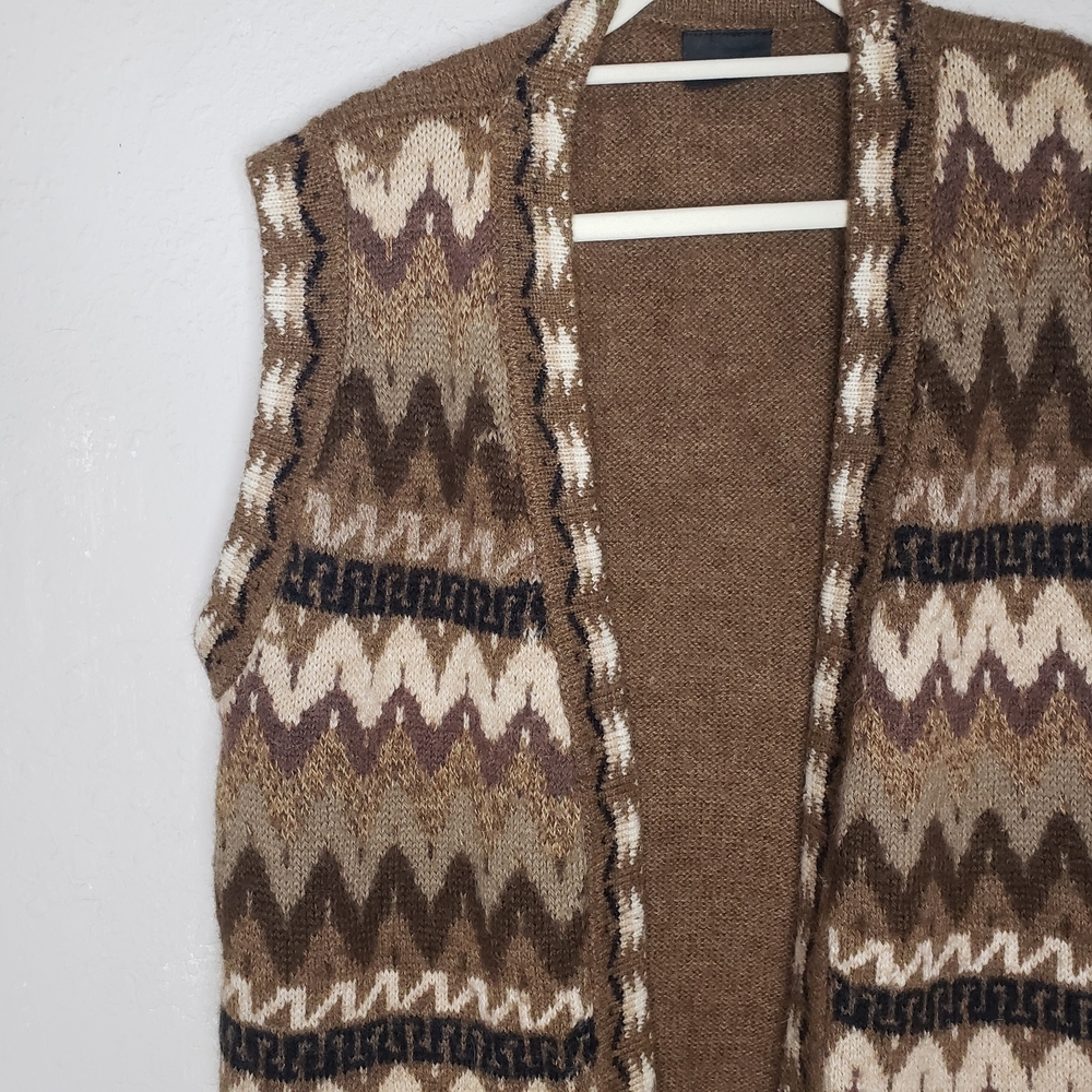 Inca 100% Alpaca Wool Vest Brown Patterned Women's Cardigan Open Front - Picture 2 of 8